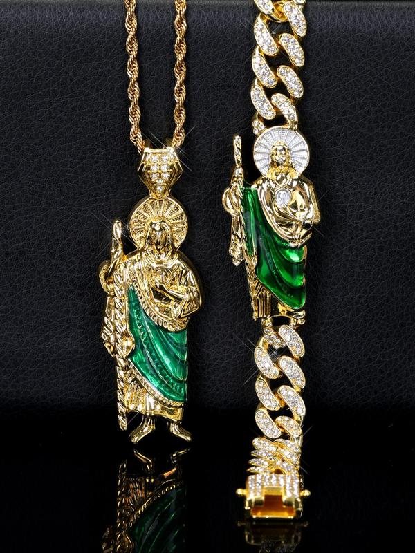 Rhinestone Decorated St. Jude Design Jewelry Set, Fashion Necklace & Bracelet for Party, Daily Clothing Decor, Trendy All-match & Exquisite Jewelry for Birthday Gift