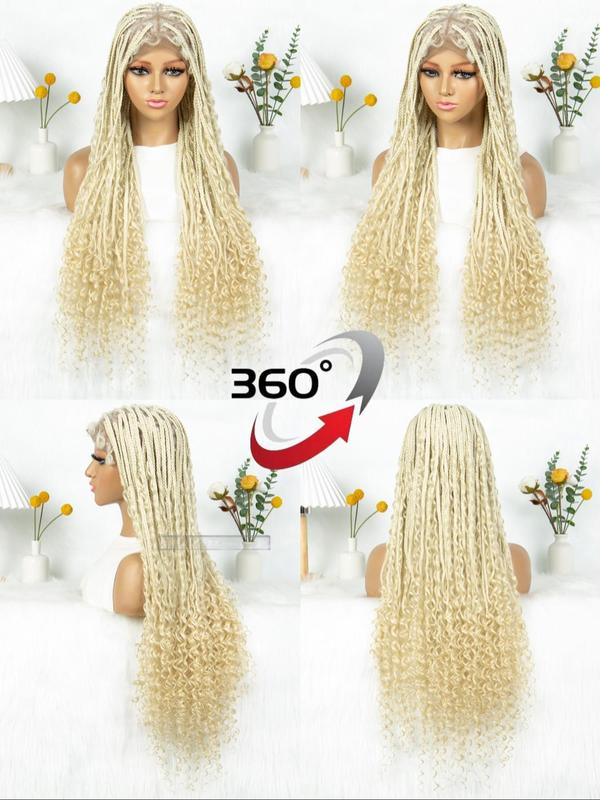 38 Inch Long Box Braids Curly Lace Wigs for Women, Gorgeous Fluffy Wigs with Baby Hair, Synthetic Braided Full Lace Wigs for Party, Daily Use
