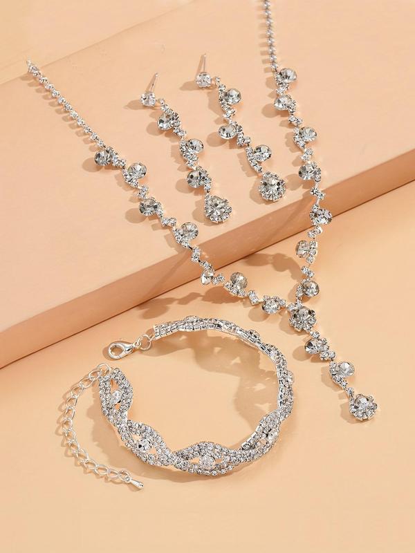 Women's Elegant Rhinestone Decorated Jewelry Set, Exquisite Trendy Dangle Earrings & Pendant Necklace & Bracelet, Fashionable Jewelry Set As Gift without Box