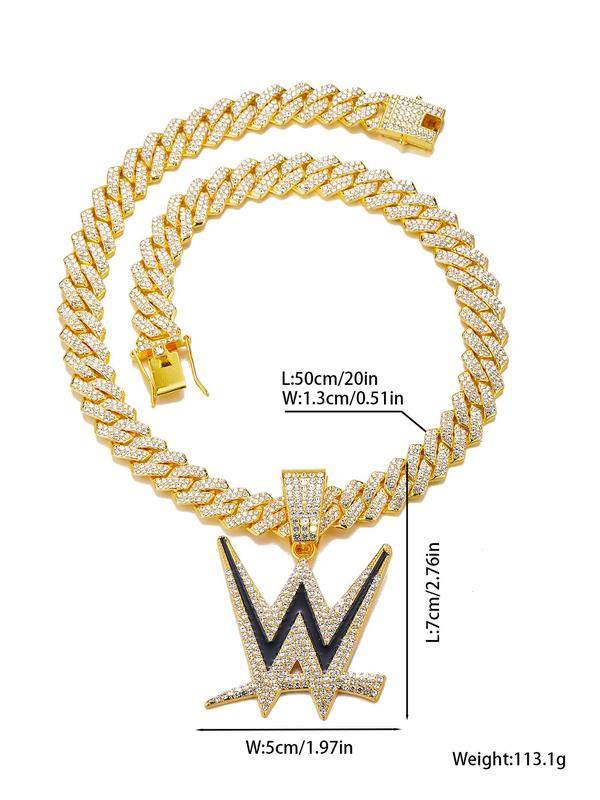 Letter W Design Pendant Necklace,  Punk Style Rhinestone Decor Cuban Link Chain for Men & Women for Party, Daily Clothing Decor, Trendy All-match & Exquisite Jewelry for Birthday Gift