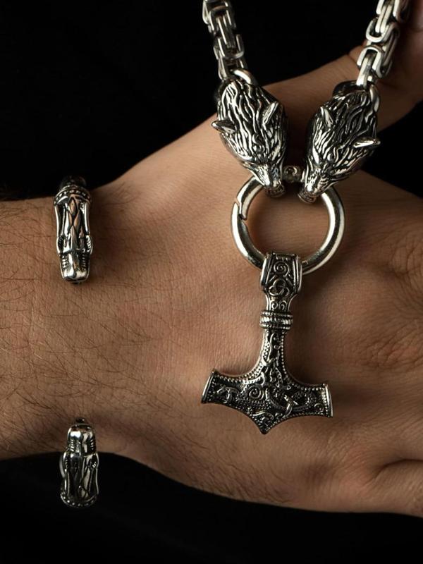 Viking Style Hammer Design Pendant Necklace & Twist Design Bracelet, 2pcs Fashion Jewelry for Party, Daily Clothing Decor, Trendy All-match & Exquisite Jewelry for Birthday Gift