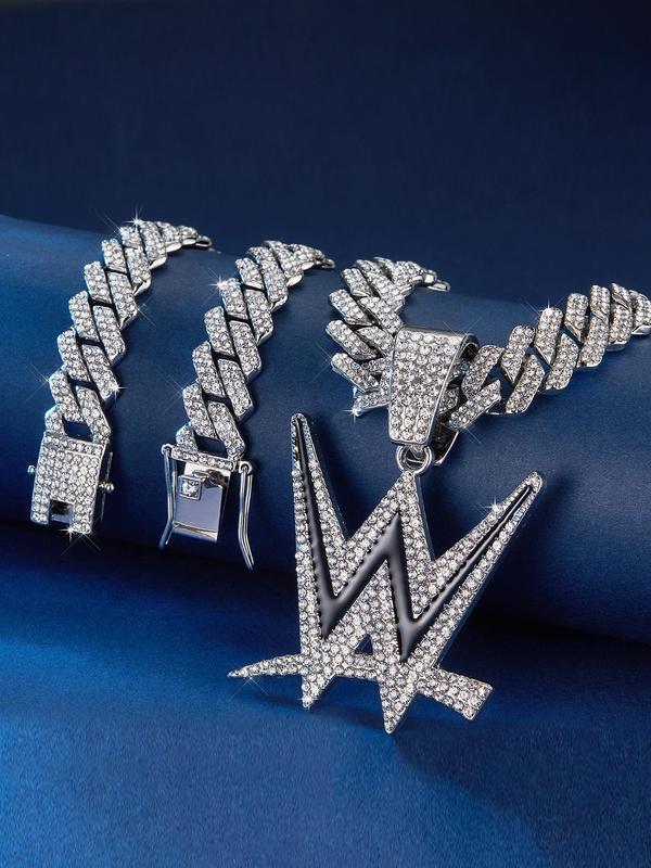 Letter W Design Pendant Necklace,  Punk Style Rhinestone Decor Cuban Link Chain for Men & Women for Party, Daily Clothing Decor, Trendy All-match & Exquisite Jewelry for Birthday Gift