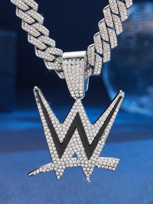 Letter W Design Pendant Necklace,  Punk Style Rhinestone Decor Cuban Link Chain for Men & Women for Party, Daily Clothing Decor, Trendy All-match & Exquisite Jewelry for Birthday Gift