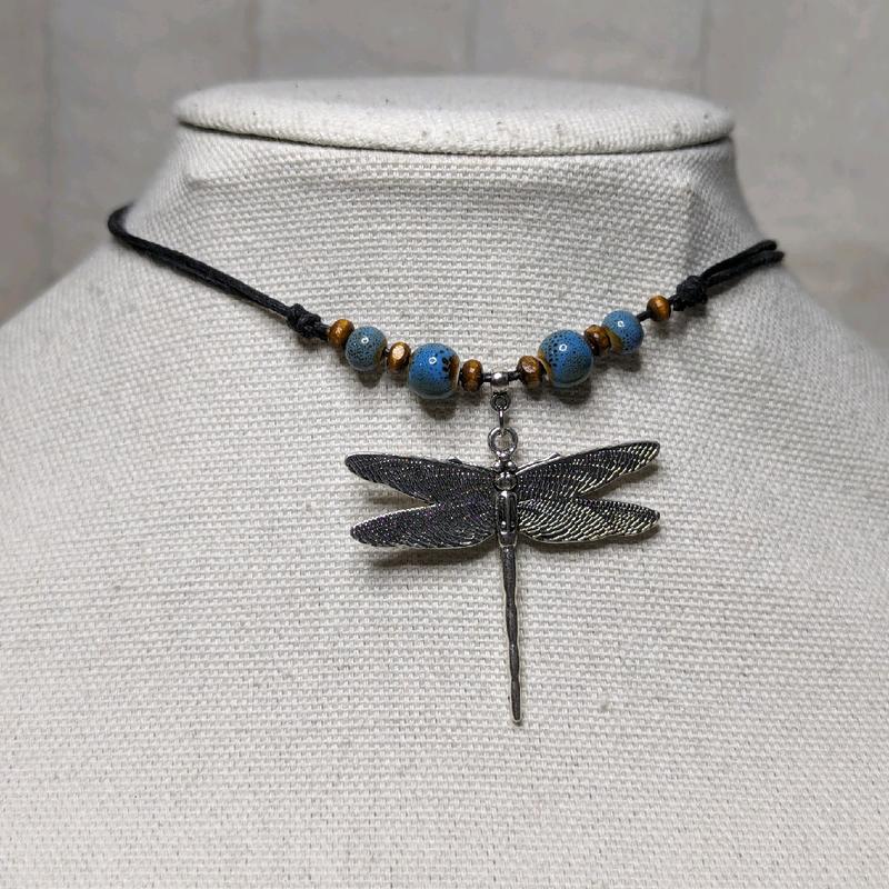 Ceramic Beaded Dragonfly Boho Hippie Whimsical Adjustable Black Rope Cord Choker Stacking Necklace