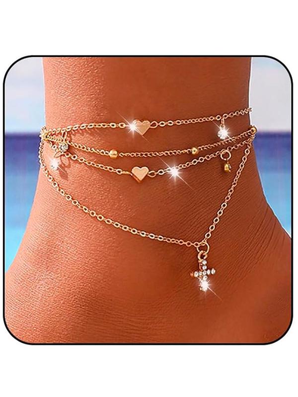 Adjustable Heart Charm Ankle Chain, Fashionable Tiered Layer Anklet for Women & Girls,  for Party, Daily Decor, Trendy All-match & Exquisite Jewelry for Gift