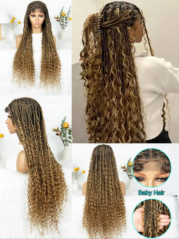 38 Inch Long Box Braids Curly Lace Wigs for Women, Gorgeous Fluffy Wigs with Baby Hair, Synthetic Braided Full Lace Wigs for Party, Daily Use