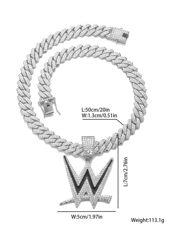 Letter W Design Pendant Necklace,  Punk Style Rhinestone Decor Cuban Link Chain for Men & Women for Party, Daily Clothing Decor, Trendy All-match & Exquisite Jewelry for Birthday Gift