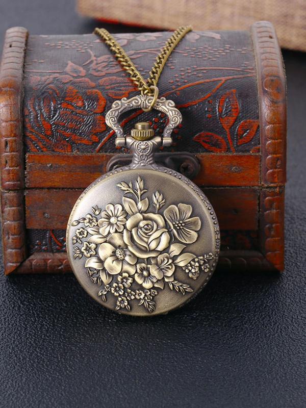 Vintage Rose Flower Pattern Round Dial Quartz Watch, Stainless Steel Chain Strap Analog Wrist Watch Without Box