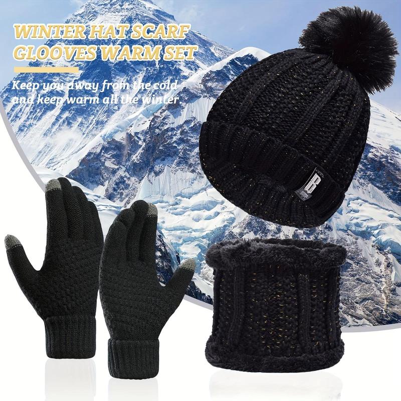 Women's Knit Hat & Neck Gaiter & Gloves Set, Solid Color Touch Screen Gloves & Beanie Hat & Neck Gaiter, Sports & Outdoor Hats for Fall & Winter
