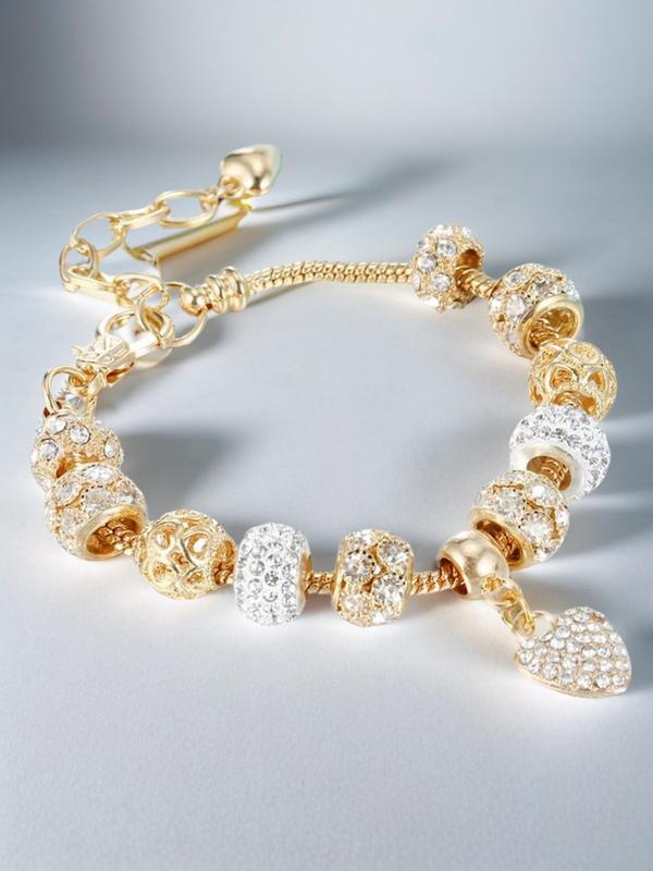 Rhinestone Decorated Heart Charm Bracelet, Elegant All-match Jewelry for Girls Gift, Female Classic Fashion Accessories for Daily Wear