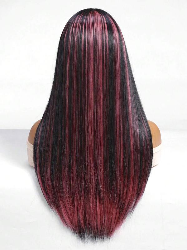24 Inch Long Straight Black Wig with Pink Money Piece Highlight for Women, Gorgeous Fluffy Wigs with Bangs, Synthetic Full Machine Wigs for Party, Daily Use