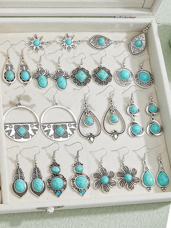 Boho Style Turquoise Texture Jewelry Set, Vintage Necklace & Bracelet & Ring & Earrings, Fashion Accessories for Women & Girls