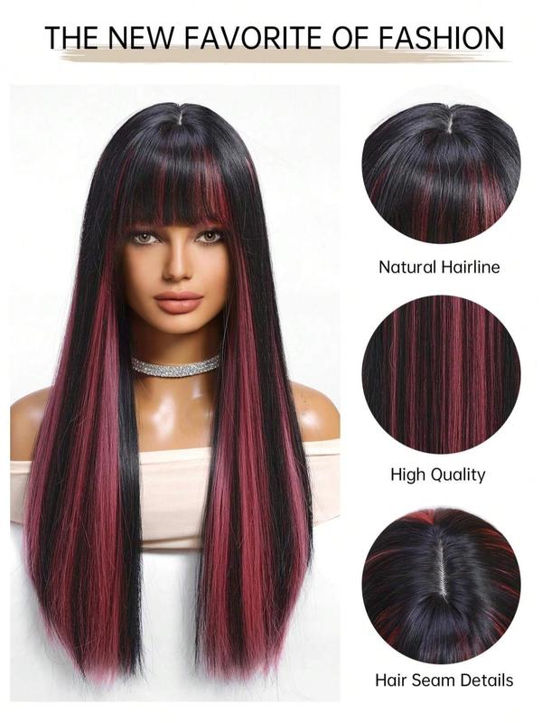 24 Inch Long Straight Black Wig with Pink Money Piece Highlight for Women, Gorgeous Fluffy Wigs with Bangs, Synthetic Full Machine Wigs for Party, Daily Use
