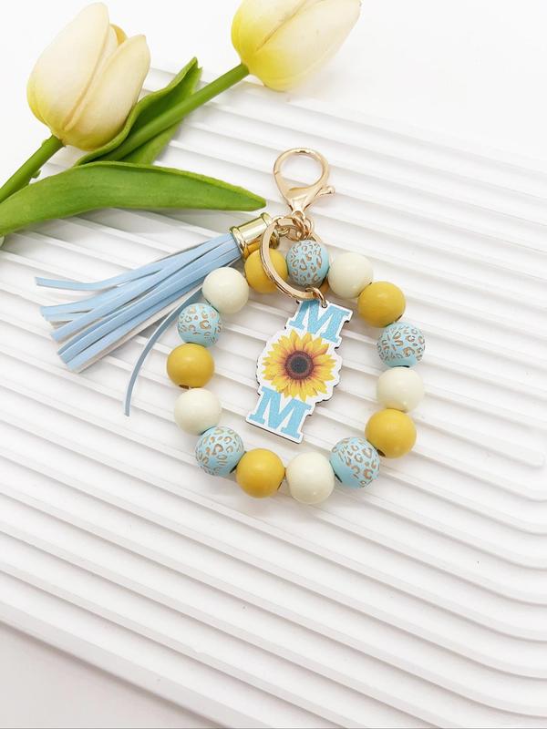 Boho Style Leopard Print Beaded Tassel Keychain, Fashionable Sunflower & Letter Design Keychain for Women & Girls, Trendy All-match Keychain for Birthday Gift