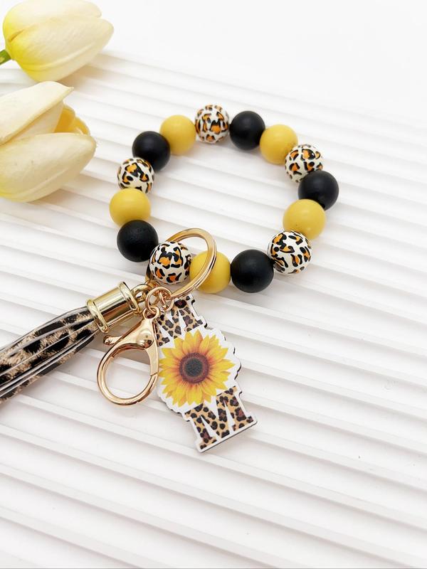 Boho Style Leopard Print Beaded Tassel Keychain, Fashionable Sunflower & Letter Design Keychain for Women & Girls, Trendy All-match Keychain for Birthday Gift