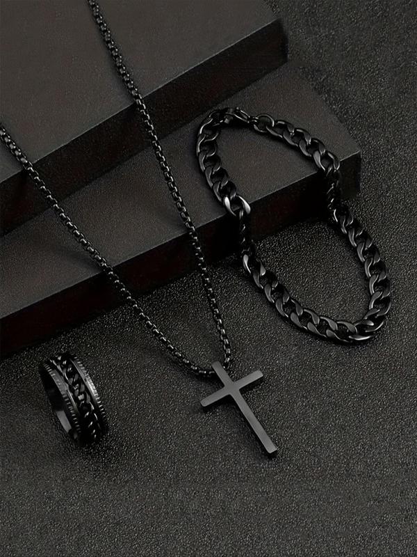 Punk Style Cross Pendant Necklace & Chain Design Ring & Curb Chain Bracelet (3pcs set), Fashion Jewelry for Party, Daily Clothing Decor, Trendy All-match & Exquisite Jewelry for Birthday Gift