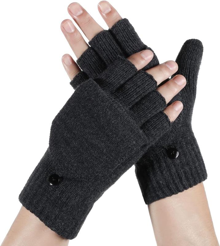 Winter Fingerless Gloves for Men Women, Convertible Warm Half Finger Mitten Gloves Flip Top, Knitted Clamshell Gloves