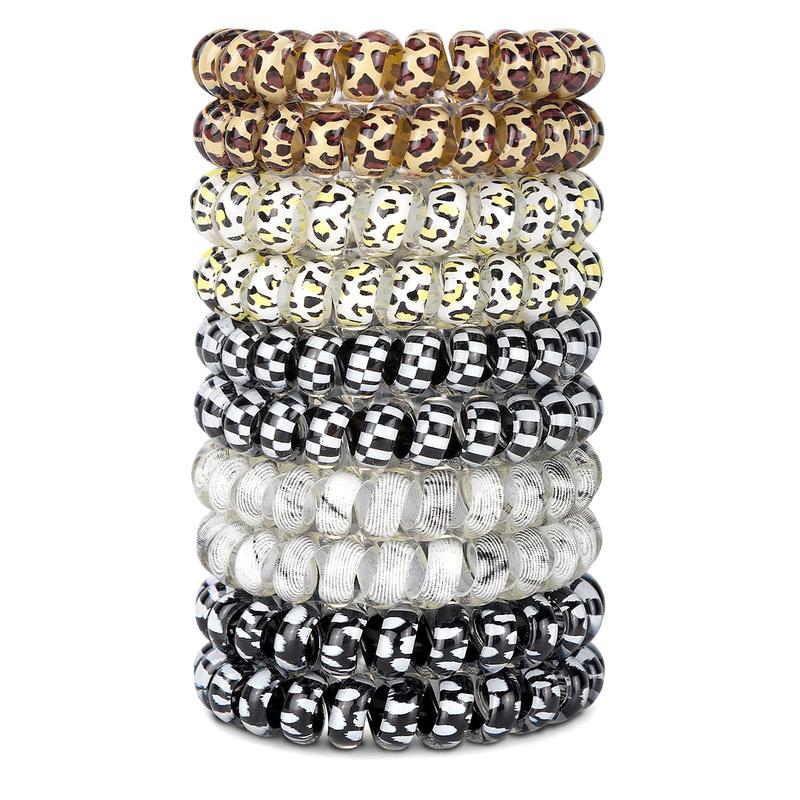10 count Spiral Hair Ties For Thick Hair, Coil Elastics Hair Ties, Multicolor Medium Spiral Hair Ties, No Crease Hair Coils, Telephone Cord Plastic Hair Ties For Women And Girls (Leopard)