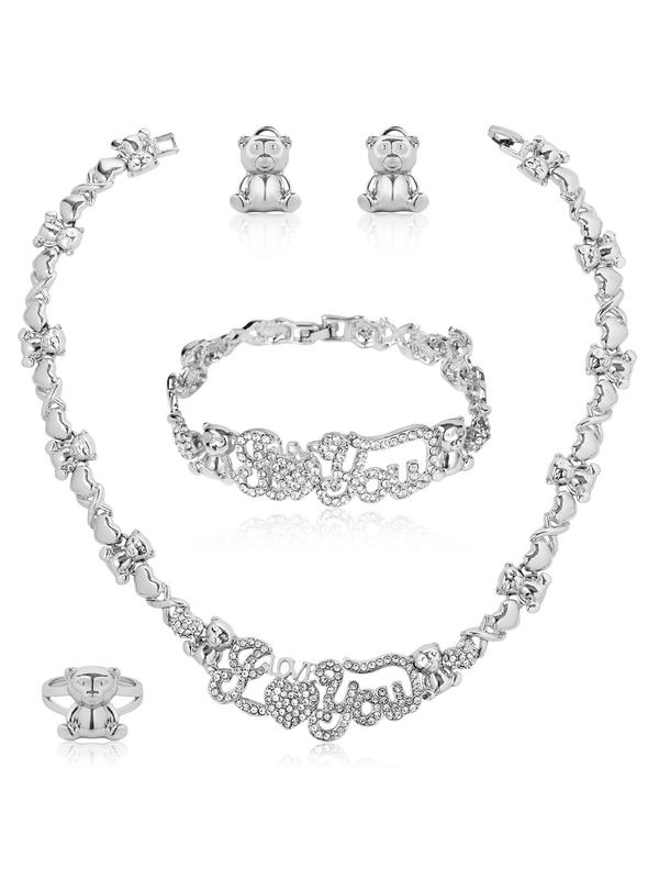 Women's Elegant Rhinestone Decorated Heart Design Jewelry Set (5pcs), Necklace & Ring & Bracelet & Stud Earrings for Women & Girls, Daily Clothing Decor, Cute Accessories for Birthday Gift