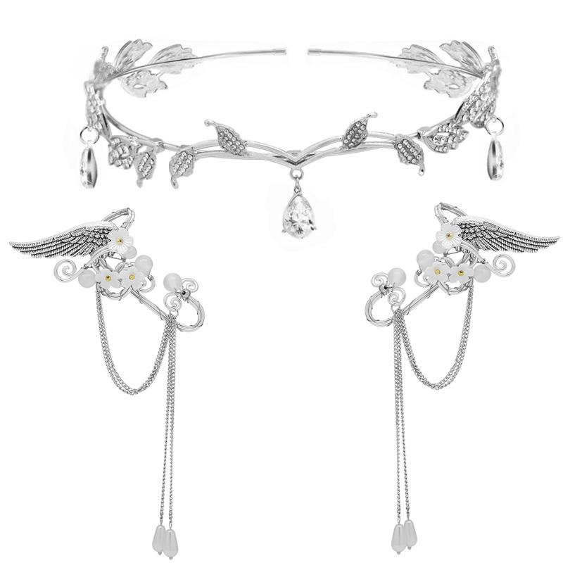 1 2 Pcs Rhinestone Fairy Elf Leaf Wedding Headband Elf Ear Cuffs For Brides Elf Crown Fairy Accessory For Prom Photoshoot Women Pageant Wedding Cosplay Party Angel Wings