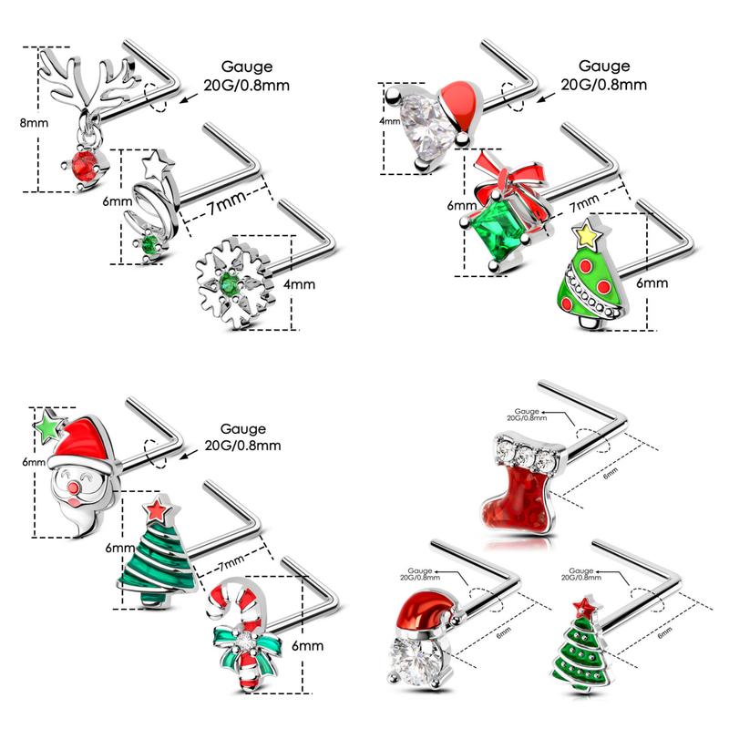 Oufer 3PCS 20G Christmas L-shaped Nose Piercing Ring Boots Christmas Tree Santa with Cubic Zirconia
