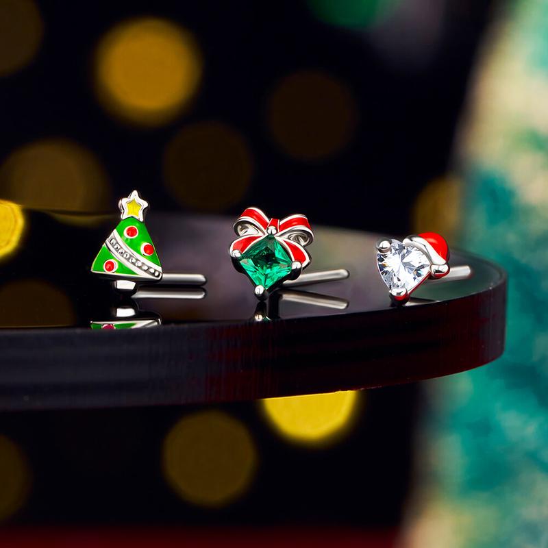 Oufer 3PCS 20G Christmas L-shaped Nose Piercing Ring Boots Christmas Tree Santa with Cubic Zirconia