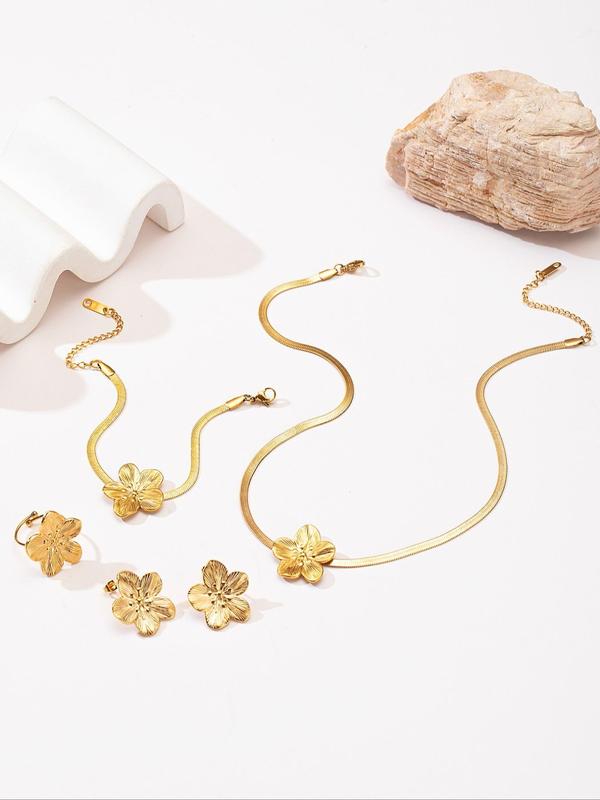 Flower Design Pendant Necklace Earrings Ring Bracelet Set, Fashion Jewelry for Party, Daily Clothing Decor, Trendy All-match & Exquisite Jewelry for Birthday Gift