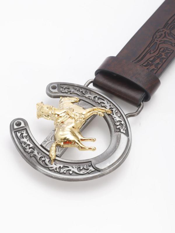 Men's Vintage Horse Buckle Western Belt, Fashionable Retro Funky Fantasy Embossed PU Leather Belt, Y2K Punk Belt for Men, Fashion Accessories for Daily Wear, Fall Outfits, Earthtone Fall Freshness