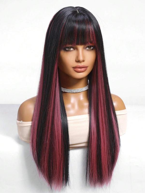 24 Inch Long Straight Black Wig with Pink Money Piece Highlight for Women, Gorgeous Fluffy Wigs with Bangs, Synthetic Full Machine Wigs for Party, Daily Use