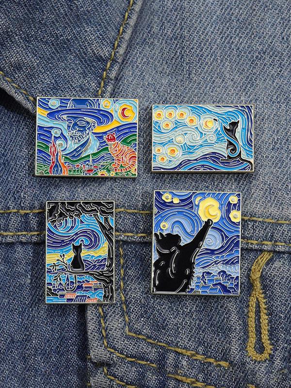 Van Gogh Starry Sky Art Painting Pattern Brooch, 4 Counts Cute Cat Graphic Alloy Badge for Daily Clothing Decor, Trendy All-match & Exquisite Brooch for Birthday Gift