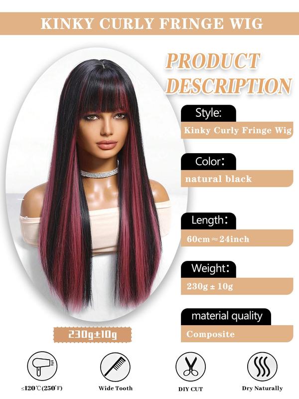 24 Inch Long Straight Black Wig with Pink Money Piece Highlight for Women, Gorgeous Fluffy Wigs with Bangs, Synthetic Full Machine Wigs for Party, Daily Use