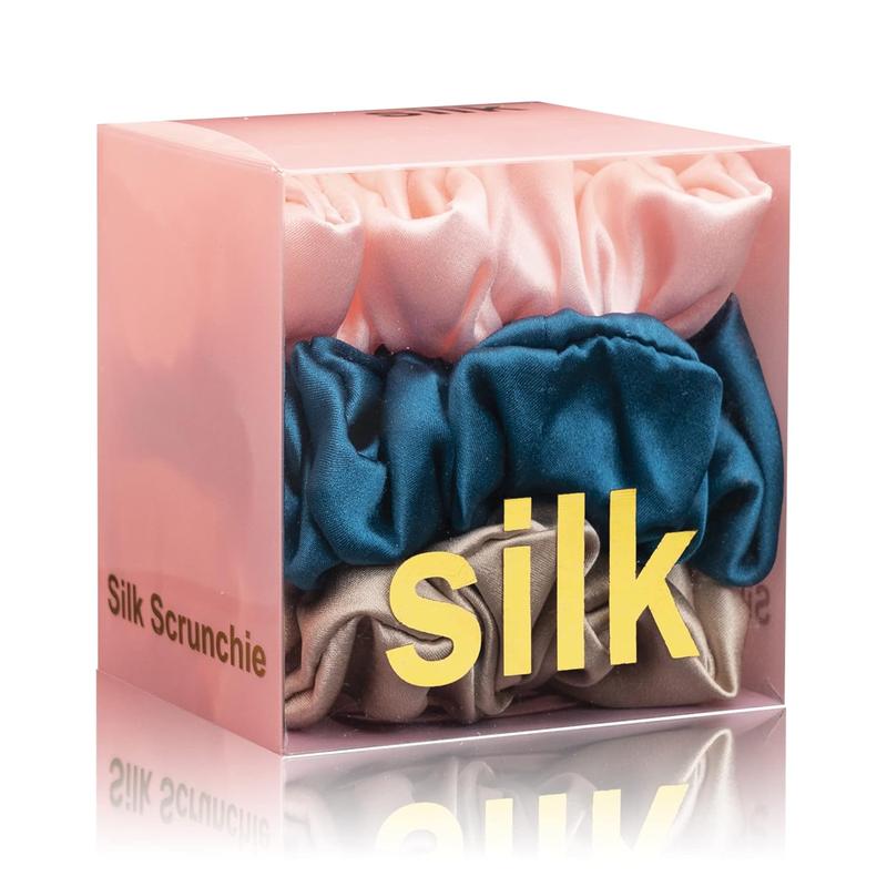 Silk Scrunchies for   Mulberry Silk  Ties 3 Pack(Pink, Peacock Blue, Apricot)