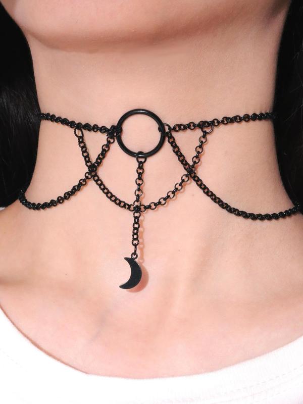 Women'e Elegant Moon & Chain Design Choker Necklace, Trendy Multilayer Chain Necklace with Fringe Design, Fashionable Ring Linked Design Jewelry for Party Decoration
