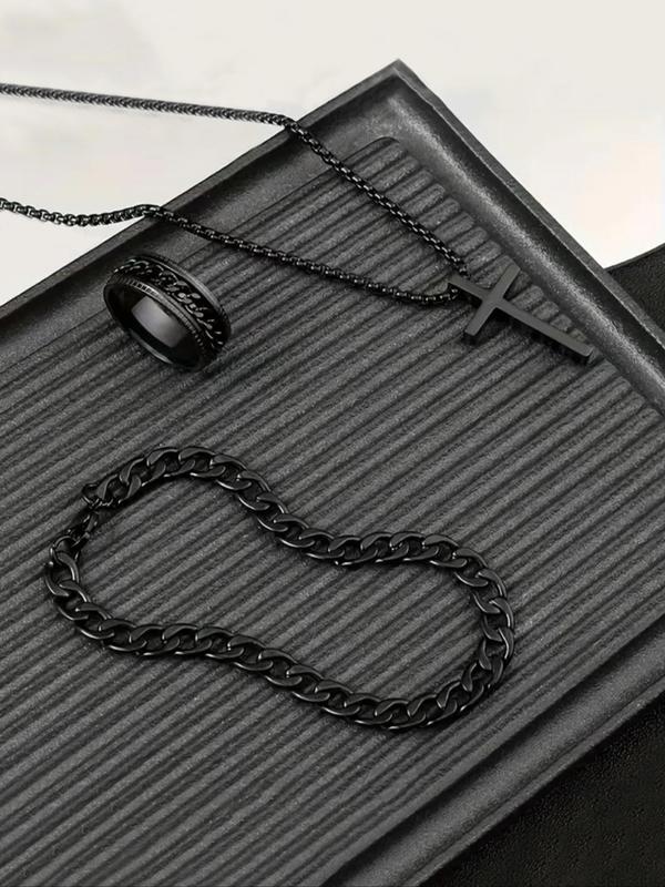 Punk Style Cross Pendant Necklace & Chain Design Ring & Curb Chain Bracelet (3pcs set), Fashion Jewelry for Party, Daily Clothing Decor, Trendy All-match & Exquisite Jewelry for Birthday Gift