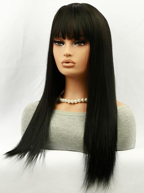 26 Inch Black Long Straight Wigs for Women, Jet Black Wig, Gorgeous Fluffy Wigs with Bangs, Synthetic Full Machine Wigs for Party, Daily Use