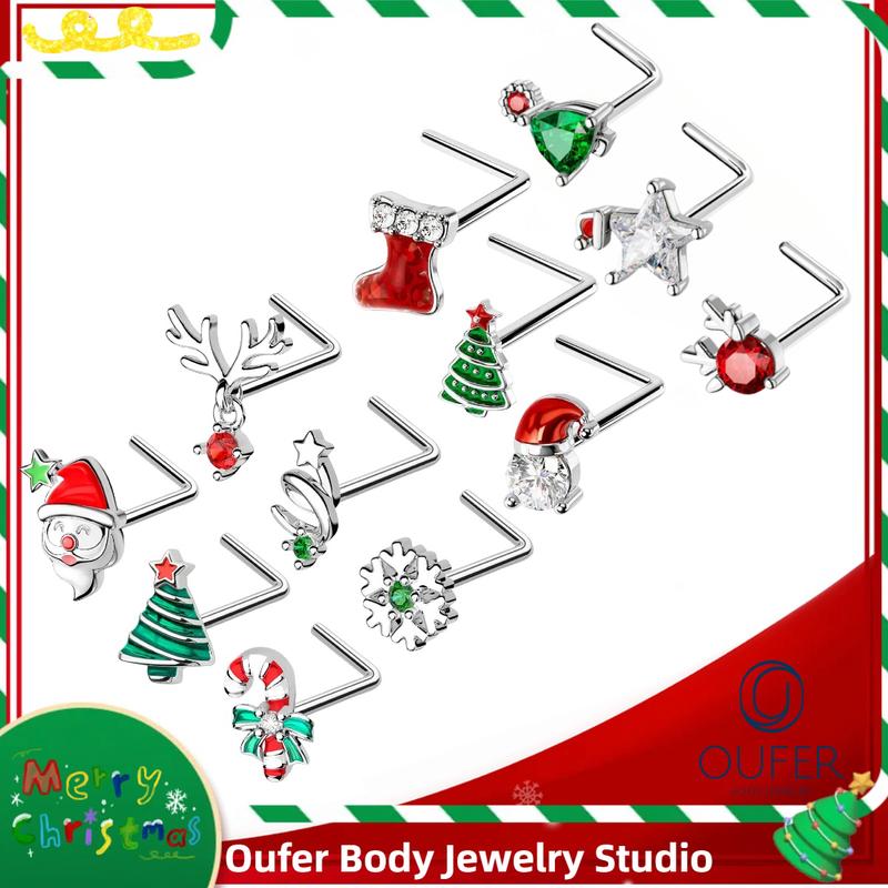 Oufer 3PCS 20G Christmas L-shaped Nose Piercing Ring Boots Christmas Tree Santa with Cubic Zirconia