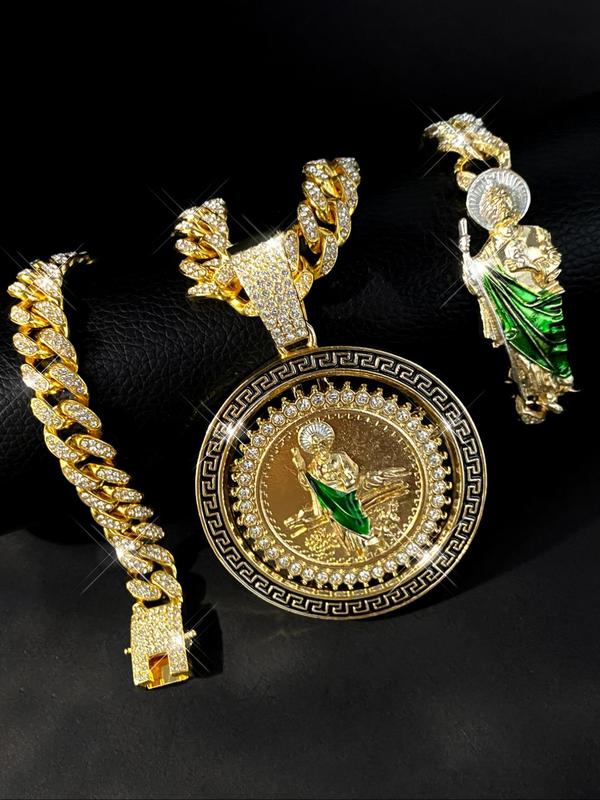 Sparkling Rhinestone Decorated Pendant & Cuban Chain Necklace & Bracelet, St. Jude's Rotatable Charm Jewelry Set, Jewelry for Men, Fashion Accessories for Men & Women As Gift