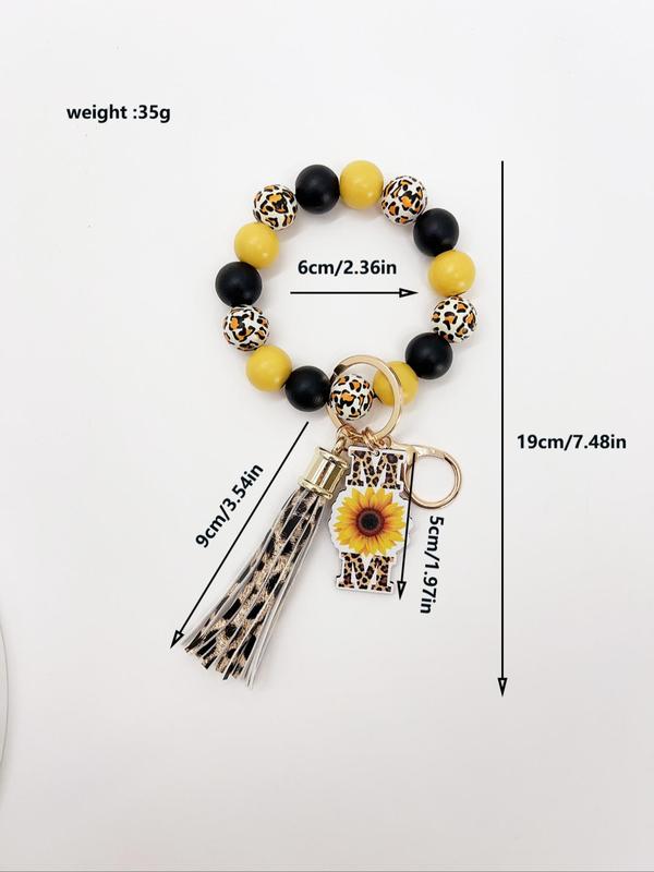 Boho Style Leopard Print Beaded Tassel Keychain, Fashionable Sunflower & Letter Design Keychain for Women & Girls, Trendy All-match Keychain for Birthday Gift