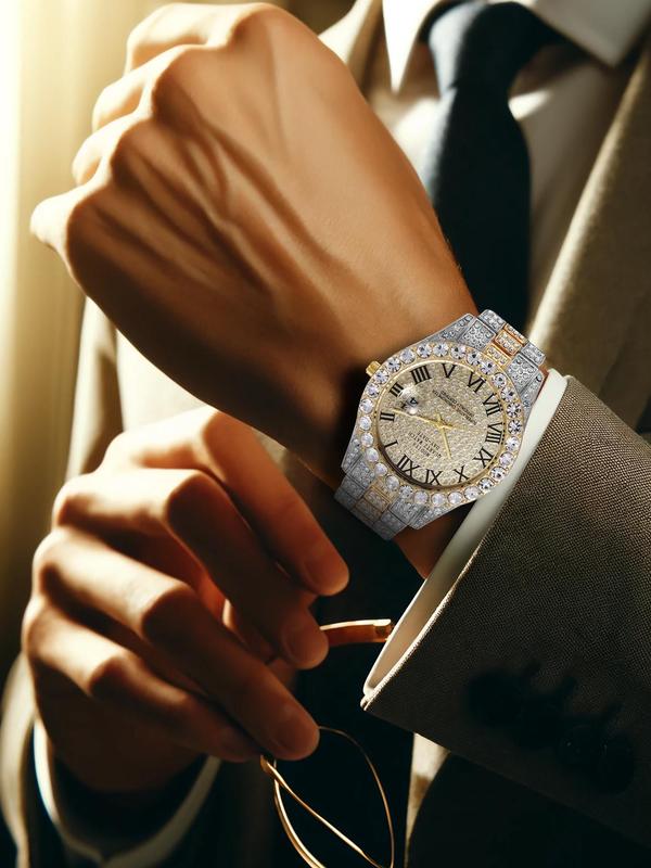Men's Fashion Rhinestone Decorated Analog Quartz Watch, Fashion Watch for Party, Daily Decor, Trendy All-match & Exquisite Watch for Birthday Gift with Box