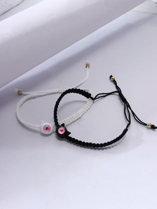2pcs set Cute Cat Eye Design Braided Adjustable Bracelet, Creative Animal Design Hand Jewelry for Women & Men, Fashion Accessories for Friends Gift