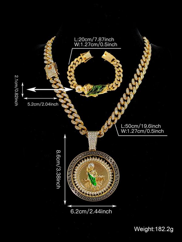 Sparkling Rhinestone Decorated Pendant & Cuban Chain Necklace & Bracelet, St. Jude's Rotatable Charm Jewelry Set, Jewelry for Men, Fashion Accessories for Men & Women As Gift
