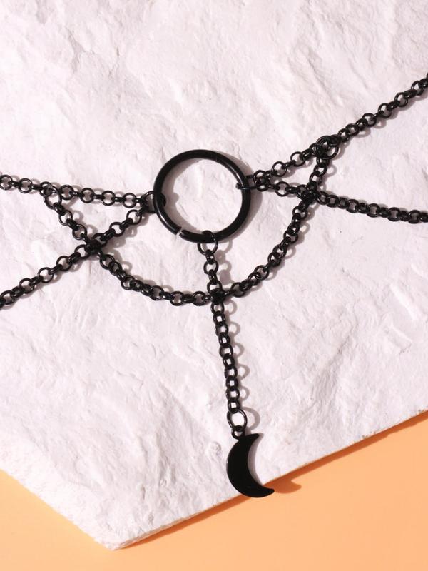 Women'e Elegant Moon & Chain Design Choker Necklace, Trendy Multilayer Chain Necklace with Fringe Design, Fashionable Ring Linked Design Jewelry for Party Decoration