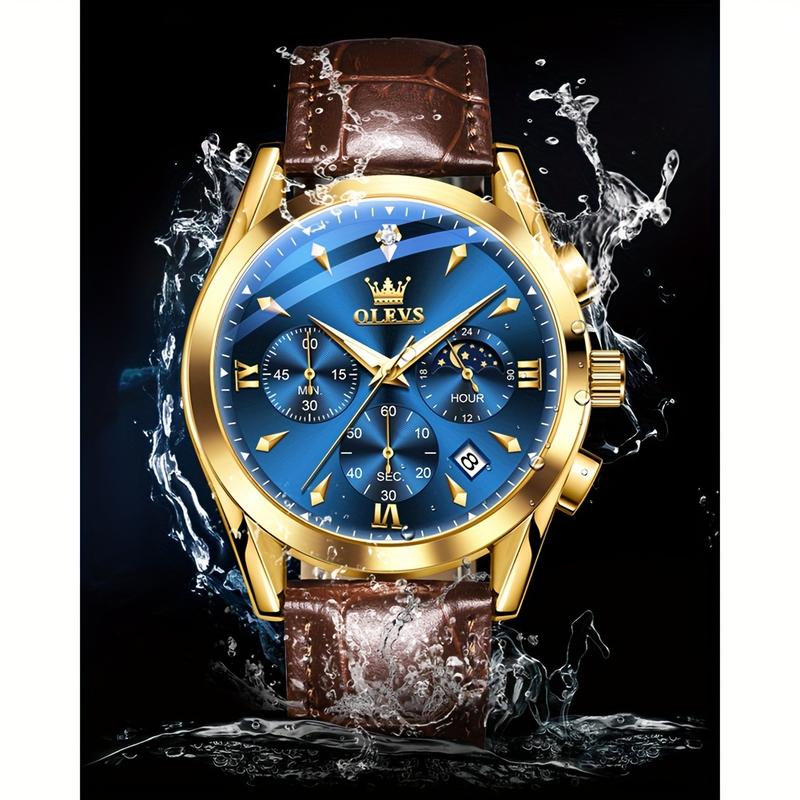 Olevs Watch Men Chronographe Brown Leather Gold Case Simulation Quartz Fashion Business Dress Big Face Men's Watch Day Date Luminous Waterproof Casual Men's Watch