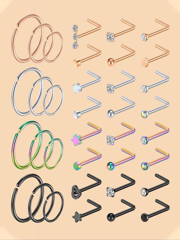 Unisex Street Trend Rhinestone Decor Nose Studs & Rings, 36pcs set Minimalist Stainless Steel Nose Ring Jewelry, Chic Body Piercing Jewelry for Party