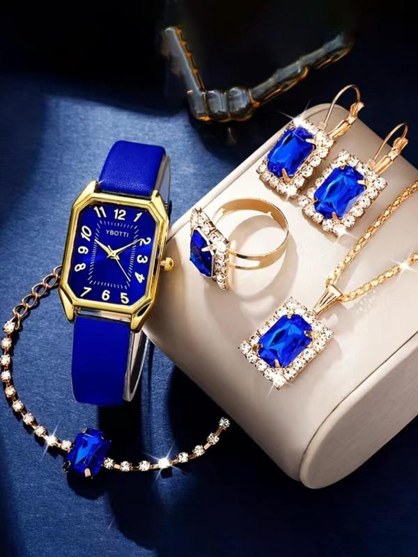 Women's Elegant Rhinestone Decor Watch & Jewelry Set, Trendy Wristwatch & Necklace & Dangle Earrings & Ring & Bracelet, Chic Watch Set As Gift, without Box