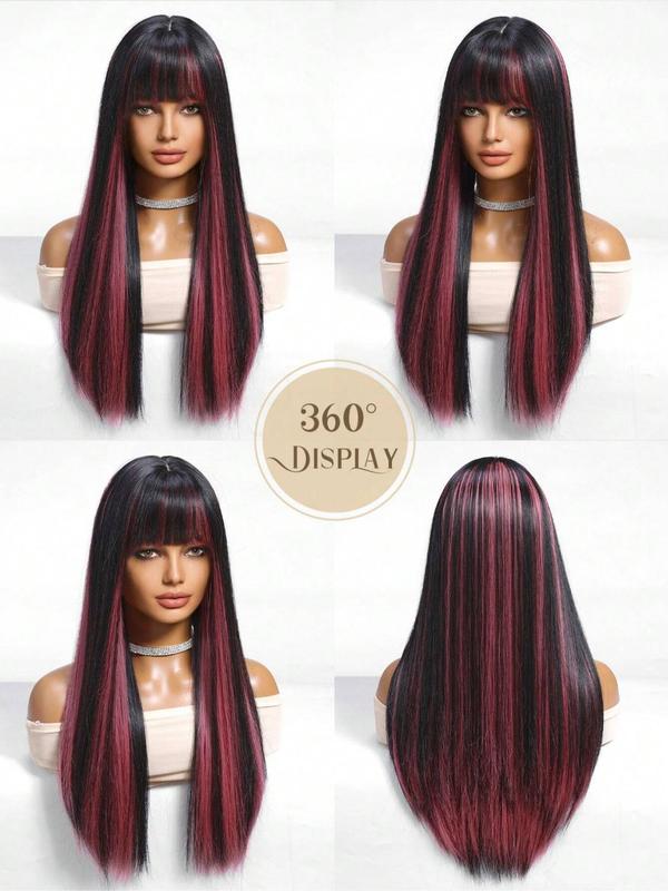 24 Inch Long Straight Black Wig with Pink Money Piece Highlight for Women, Gorgeous Fluffy Wigs with Bangs, Synthetic Full Machine Wigs for Party, Daily Use