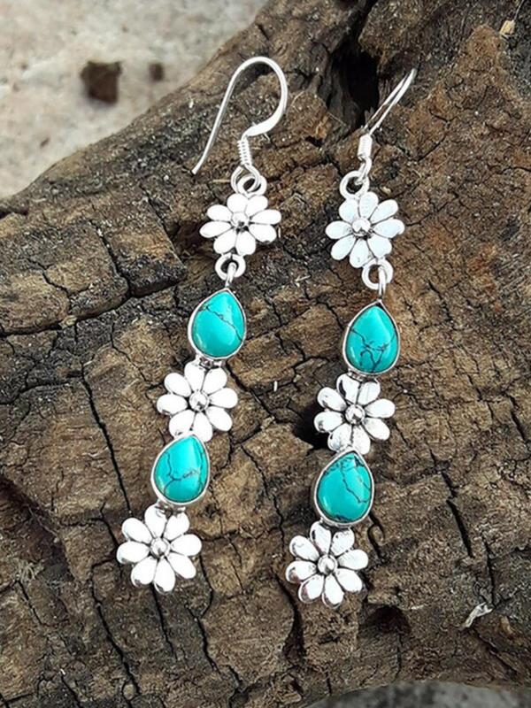 1 Pair Vintage Flower Design Dangle Earrings, Inlaid with Turquoise Textured Hook Earrings, Women's Elegant Earrings Accessories for Daily Use Party