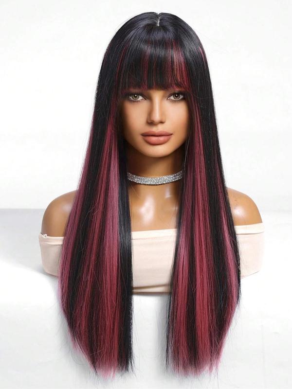 24 Inch Long Straight Black Wig with Pink Money Piece Highlight for Women, Gorgeous Fluffy Wigs with Bangs, Synthetic Full Machine Wigs for Party, Daily Use