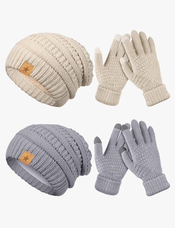 4 Pcs Winter Hat and Gloves for Women Slouchy Beanie Hats Knitted Touchscreen Gloves Warm Winter Sets for Women Girls