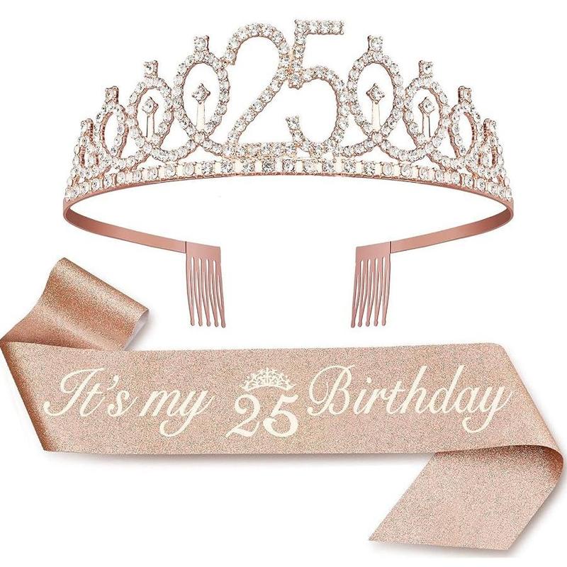 Birthday Crown & Sash Set, 1 Set Rhinestone Crown & Sash, Birthday Party Decoration Supplies for Women, Party Accessories